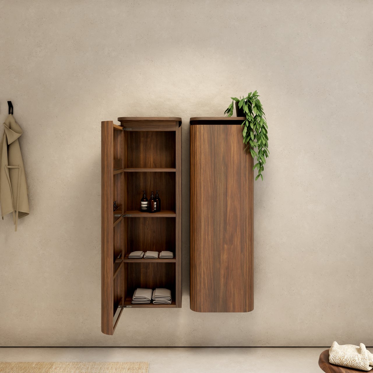 Balmani Moon zwevend badkamerkast links Amerikaans notenhout 44 x 32 x 130 cm