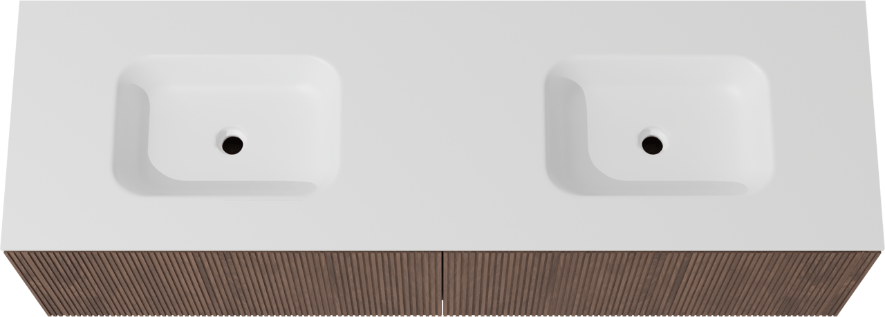 Balmani Eclips hängendes Möbelstück Set: 180 x 55 cm, Amerikanischer Nussbaum, mit Tablo Arcato Doppelwaschtisch Solid Surface Weiβ matt, Vertikale symmetrische gerade Rippe