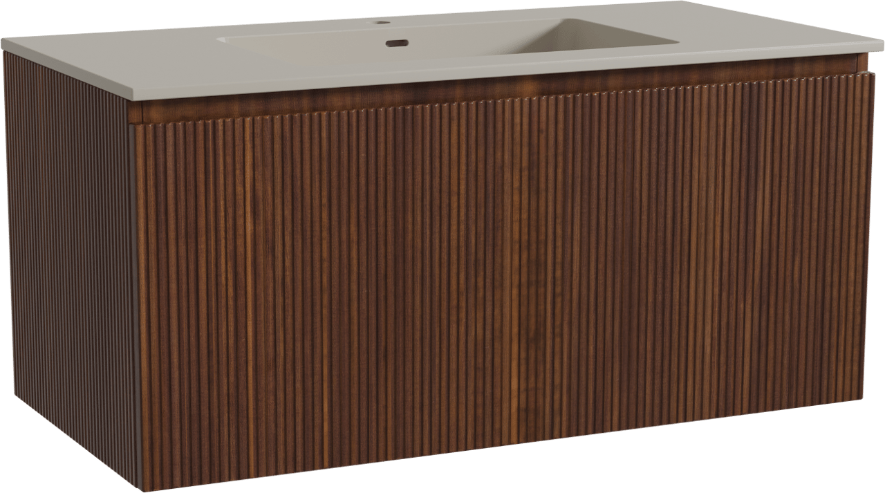 Storke Ribs zwevend badmeubel 105 x 52 cm notenhout met Diva enkele wastafel in top solid zijdegrijs, Verticale symmetrische rechte ribbel