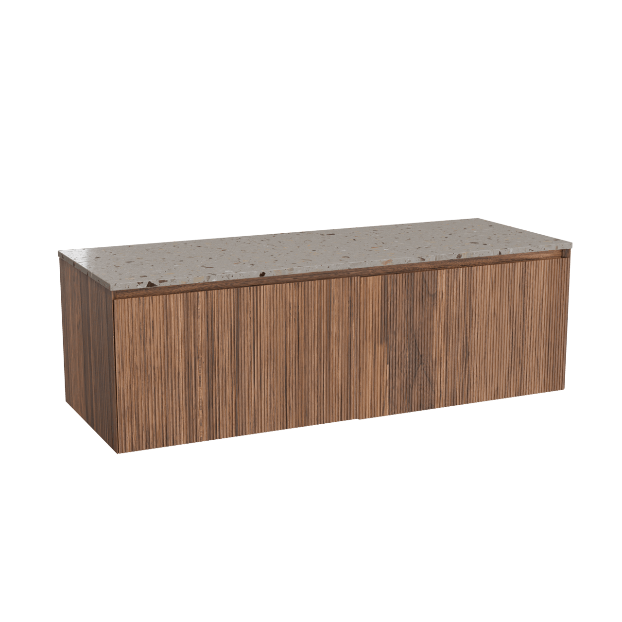 Balmani Fila hängendes Möbelstück Set: 150 x 55 cm, Nussbaum, mit Stretto Einzel- oder Doppel Waschtischplatte, Terrazzo in Greige, Vertikale symmetrische gerade Rippe