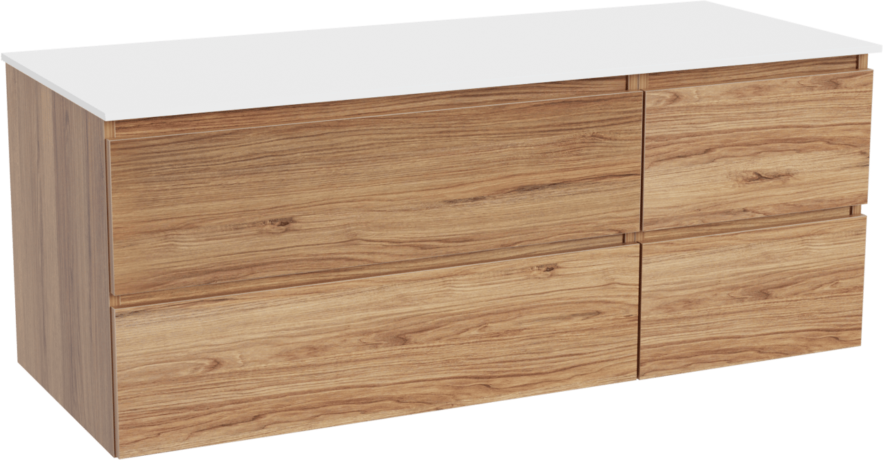 Balmani Lucida zwevend badkamermeubel 135 x 55 cm teak met Stretto enkel of dubbel tablet in solid surface mat wit