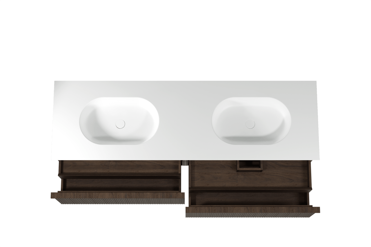 Balmani Forma meuble salle de bains suspendu 180 x 55 cm chêne fumé avec Tablo Oval double vasque en solid surface blanc mat, Nervure droite symétrique verticale