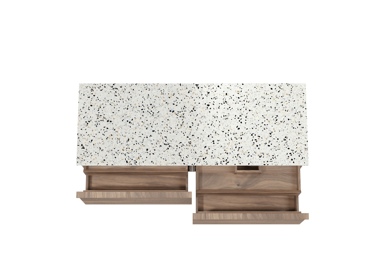 Balmani Forma zwevend badmeubel 150 x 55 cm amerikaans notenhout met Stretto enkel of dubbel wastafelblad in mat wit/zwart terrazzo, Horizontale symmetrische rechte ribbel