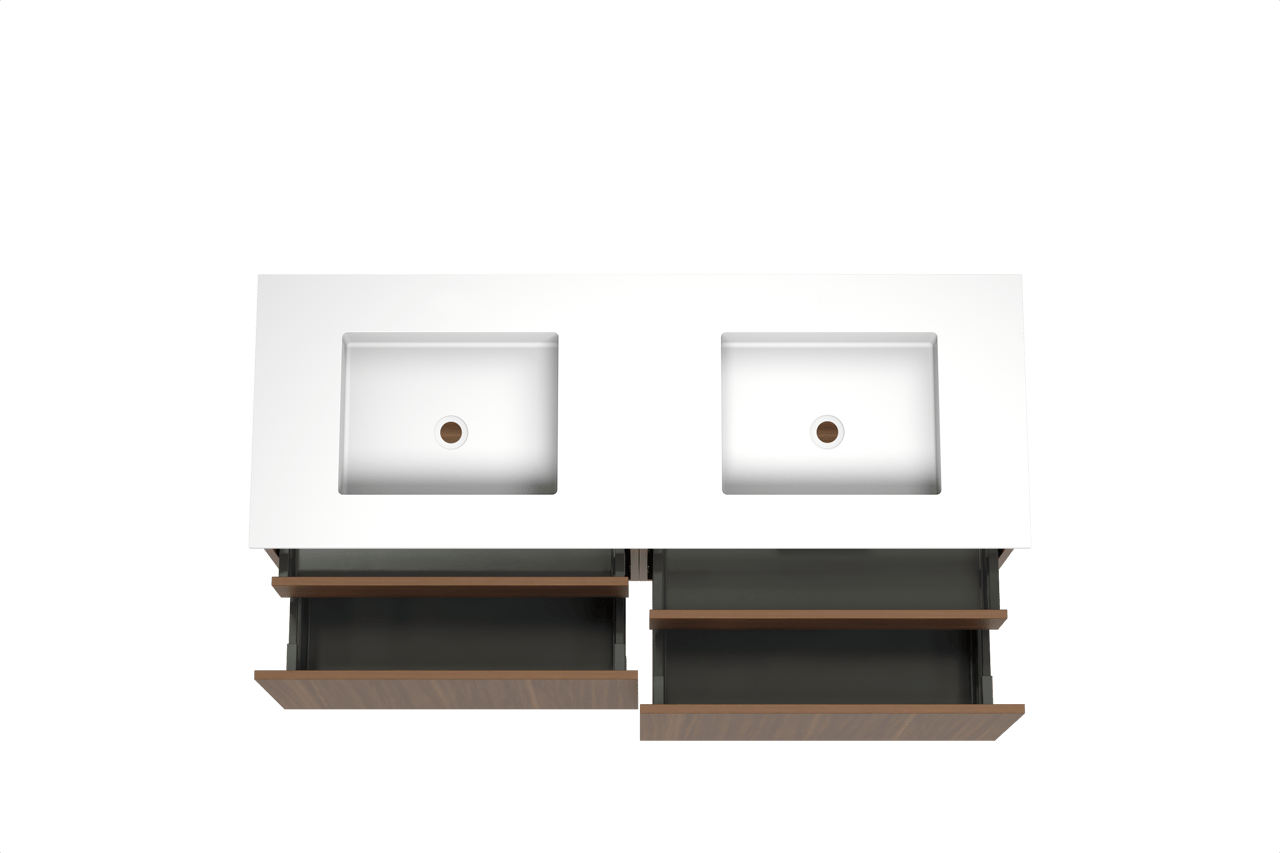 Balmani Sfera meuble salle de bains suspendu 150 x 55 cm noyer américain avec Tablo Stretto double vasque en solid surface blanc mat