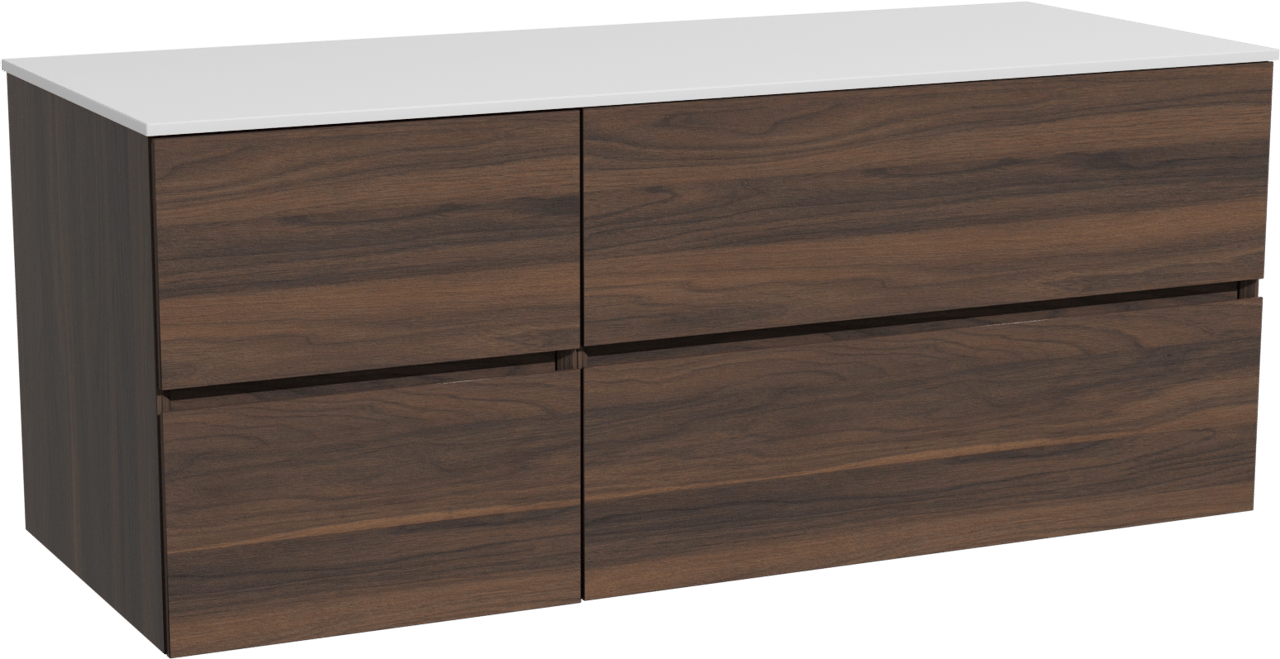 Storke Edge hängendes Möbelstück Set: 130 x 52 cm, Nussbaum, mit Tavola Einzel- oder Doppel Waschtischplatte, Solid Surface Weiß matt