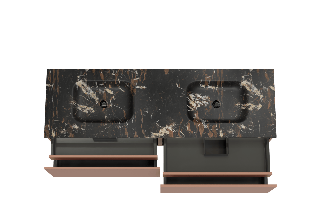 Balmani Sfera hängendes Möbelstück Set: 180 x 55 cm, Cotto, mit Tablo Arcato Doppelwaschtisch, Marmor Portoro Gold