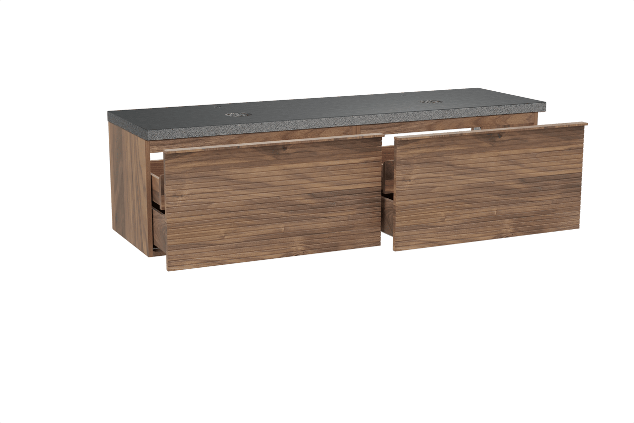 Balmani Forma zwevend badmeubel 180 x 55 cm amerikaans notenhout met Rock dubbel wastafelblad in zwart graniet, Horizontale symmetrische rechte ribbel