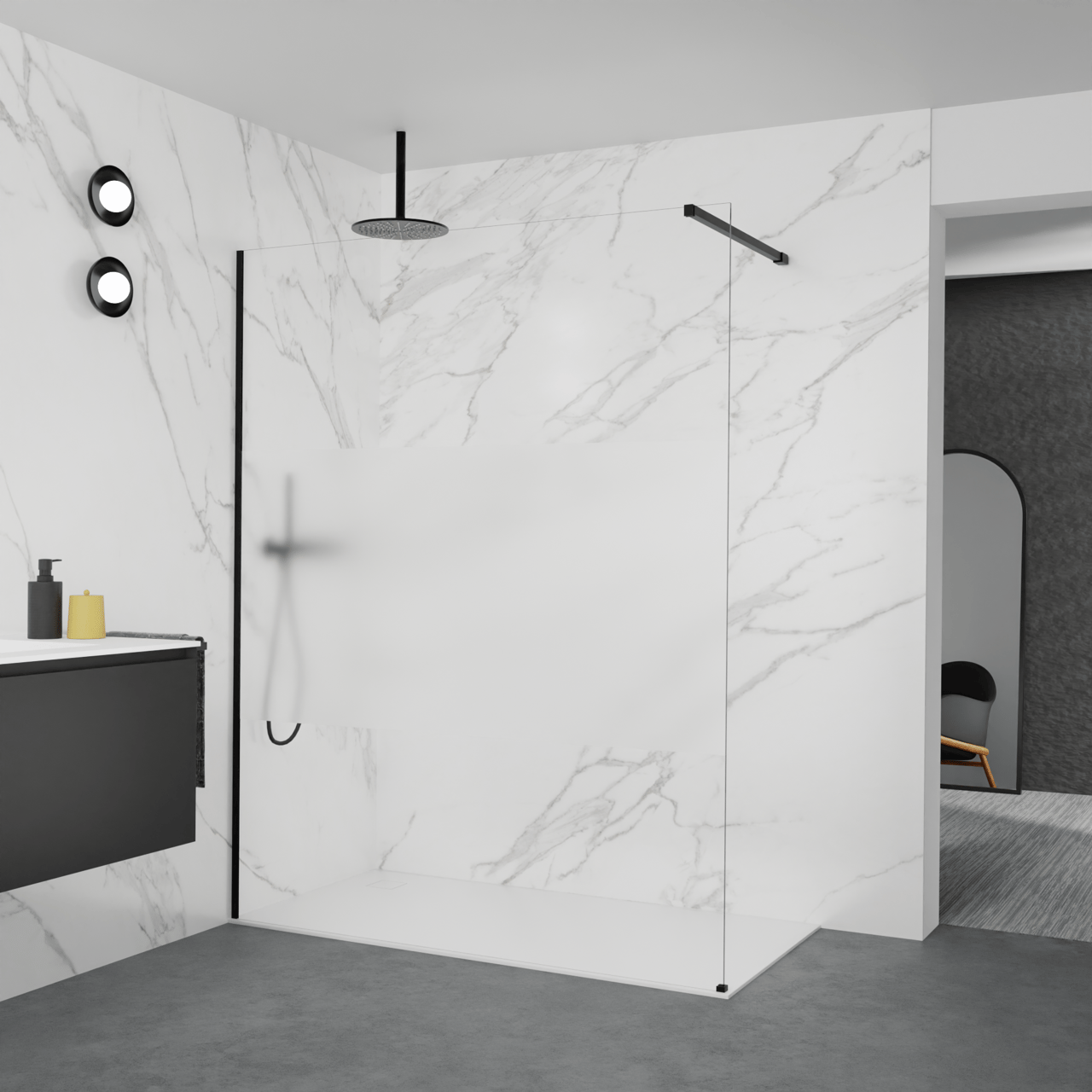 Balmani Modular inloopdouche: 160 x 200 cm, Helder glas met matte strook met coating, Mat zwarte profielen