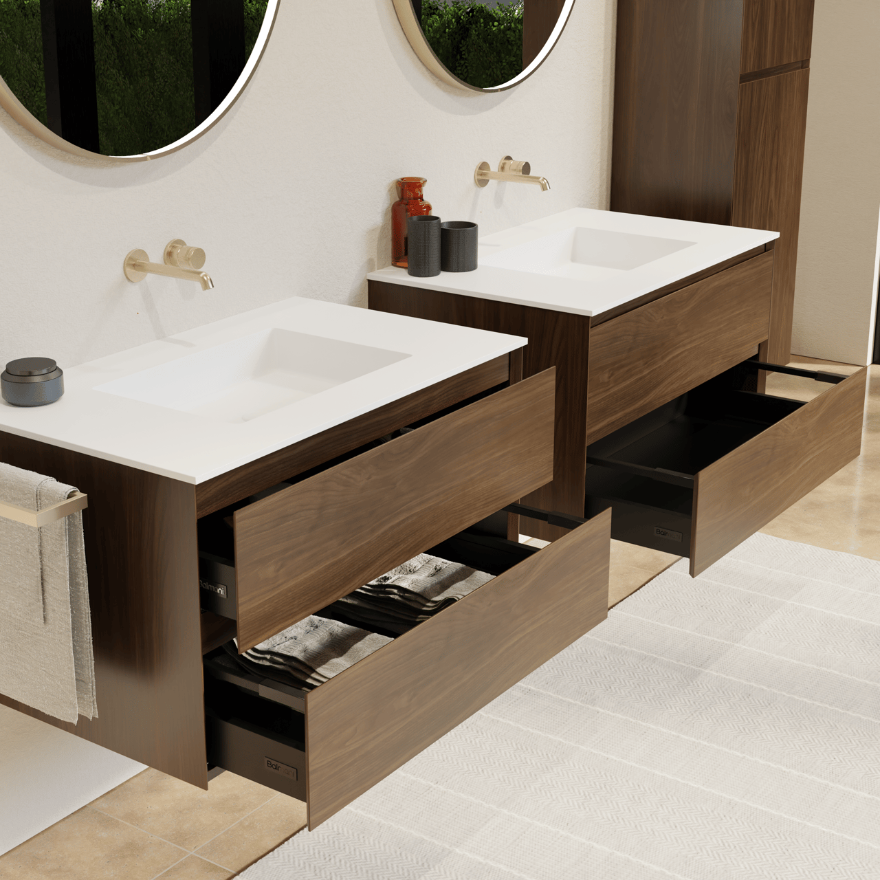 Balmani Mitra meuble salle de bains suspendu 90 x 55 cm noyer américain avec Tablo Stretto plan simple en solid surface blanc mat