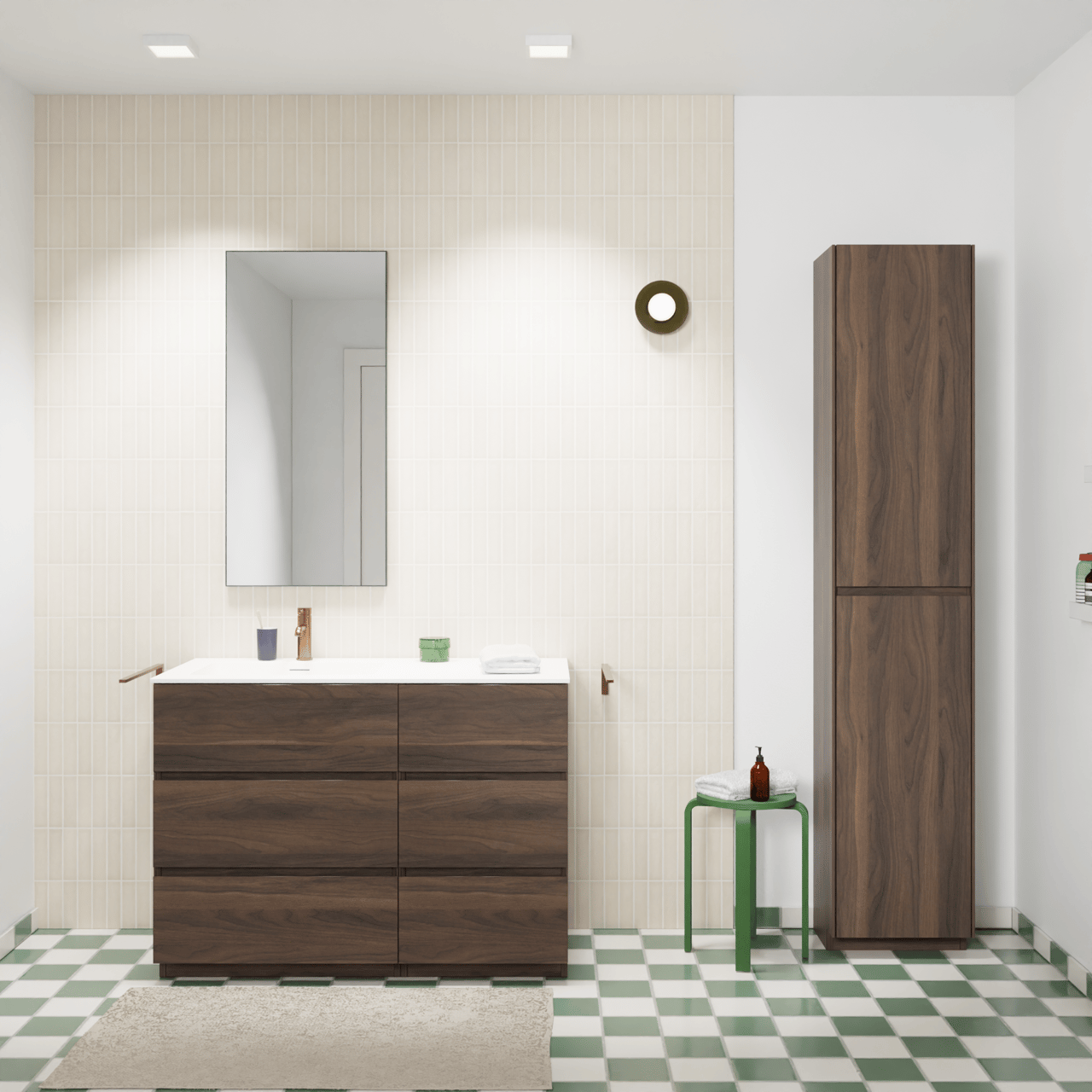 Storke Edge meuble salle de bains à poser 110 x 52 cm noyer avec Mata plan vasque asymétrique à gauche en solid surface blanc mat