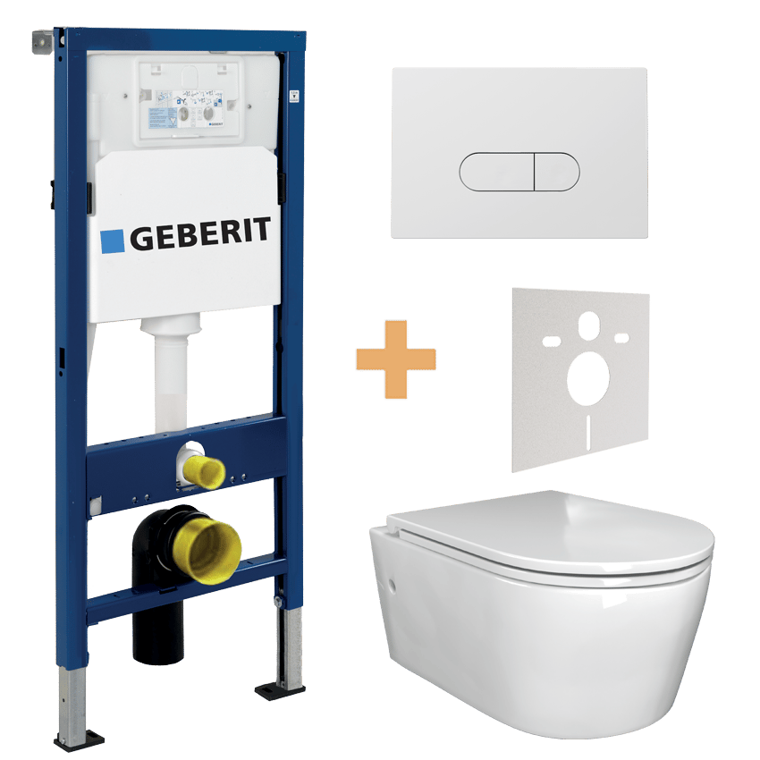 Luca Varess Zeno wc suspendu blanc brillant sans rebord avec Geberit Duofix UP100 Delta bâti-support et plaque de commande