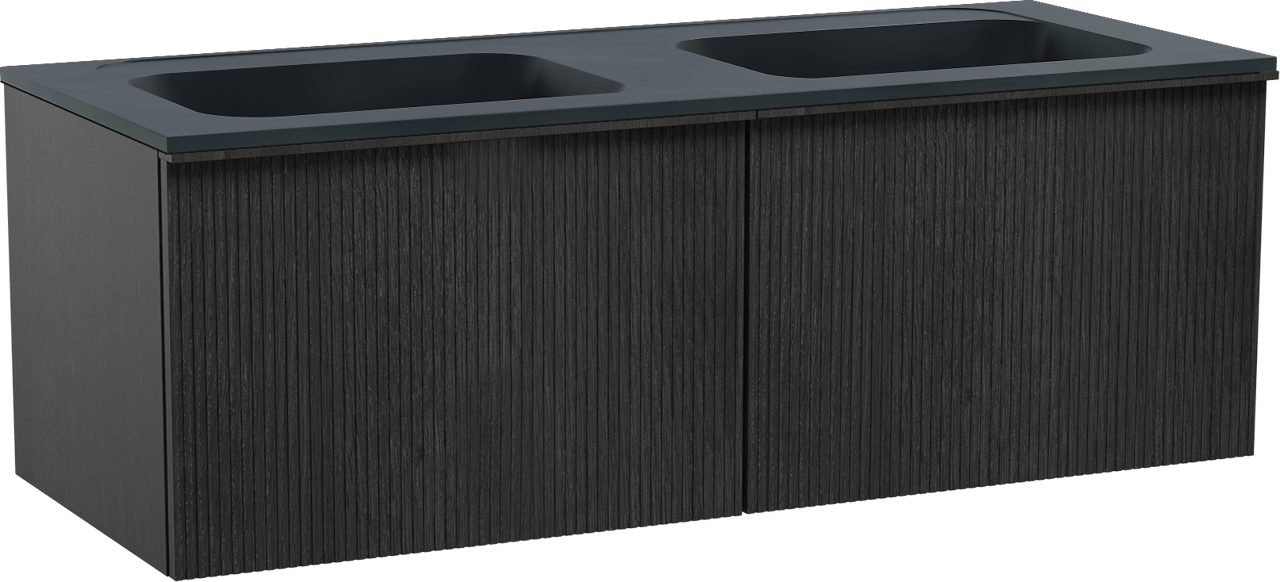 Balmani Forma zwevend badkamermeubel 135 x 55 cm zwarte eik met Tablo Strada dubbele wastafel in composietmarmer mat zwart, Verticale symmetrische rechte ribbel