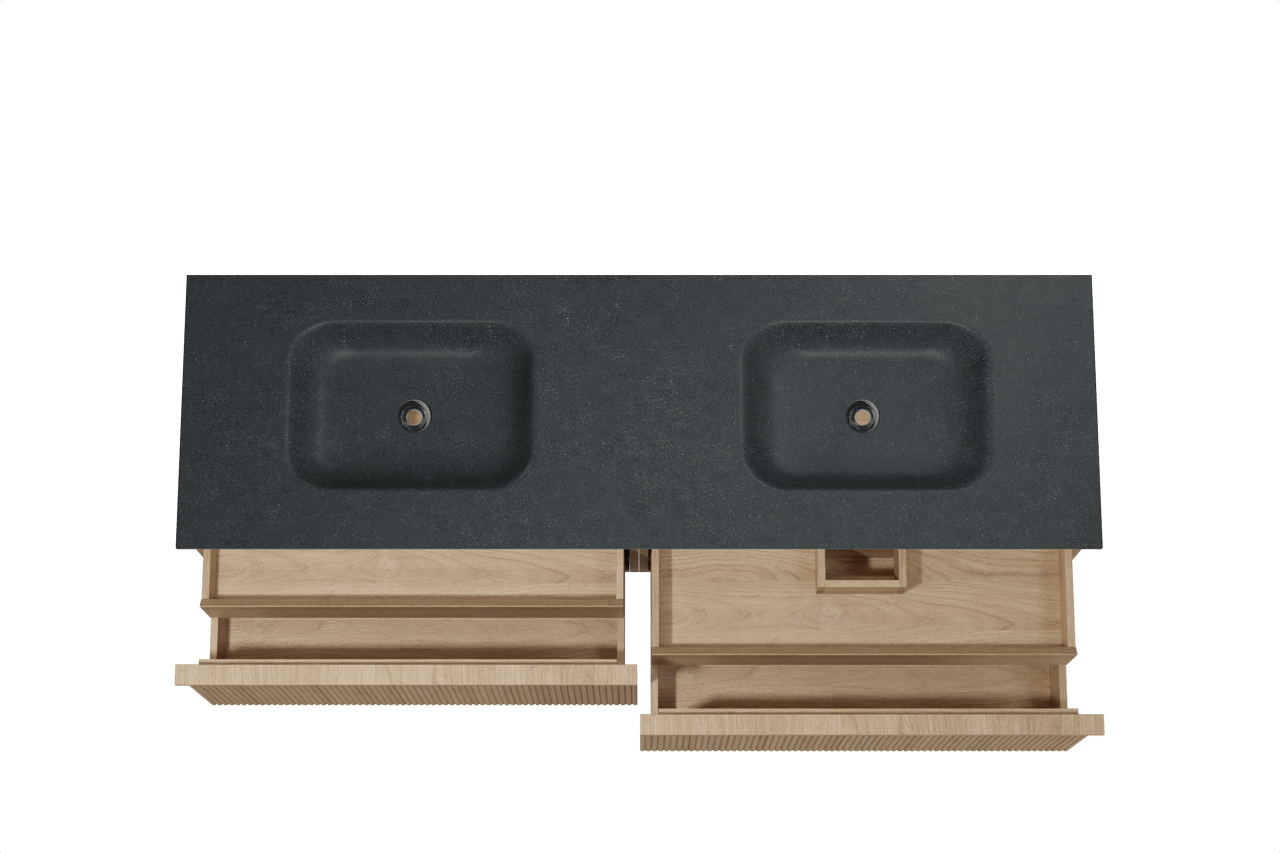 Balmani Forma hängendes Möbelstück Set: 180 x 55 cm, Naturbelassene Eiche, mit Tablo Arcato Doppelwaschtisch, Granit, Schwarzes Granit, Vertikale symmetrische gerade Rippe