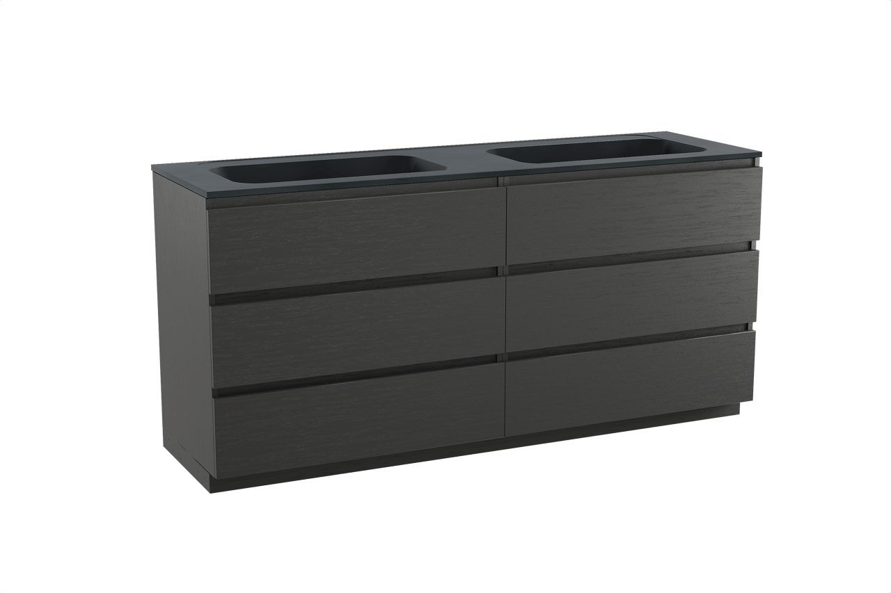 Balmani Lucida staand badkamermeubel 180 x 55 cm zwarte eik met Tablo Strada dubbele wastafel in composietmarmer mat zwart