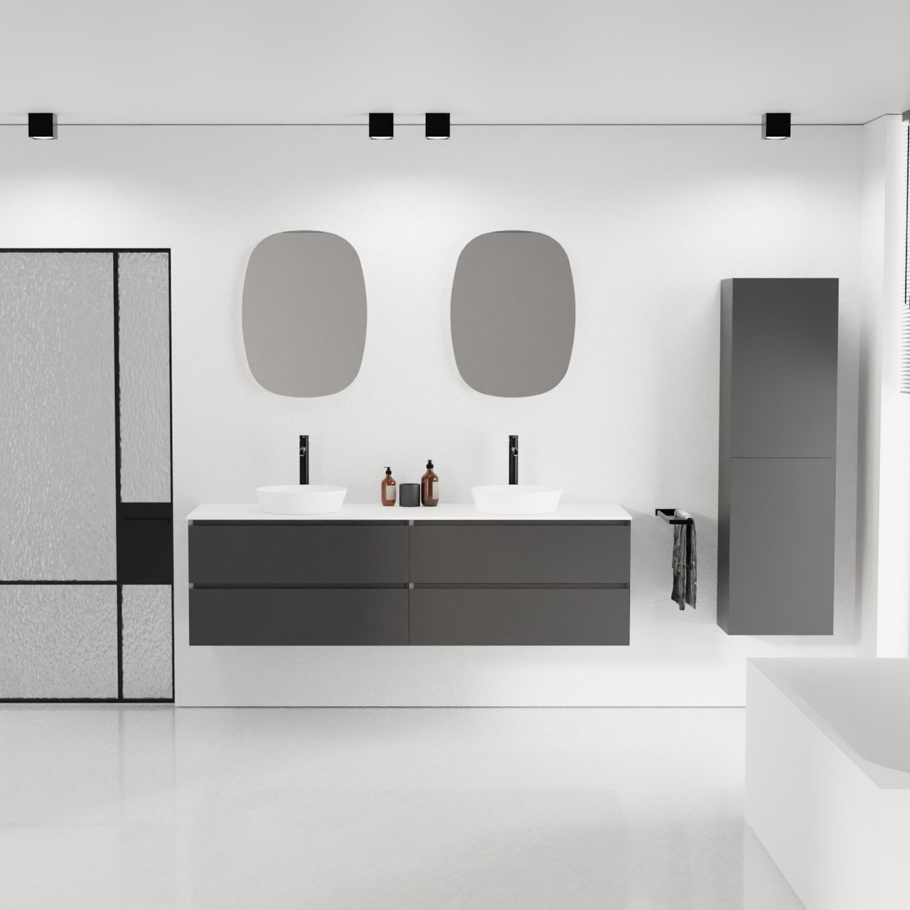 Balmani Mitra hängendes Möbelstück Set: 180 x 55 cm, Schwarz matt, mit Stretto Einzel- oder Doppel Waschtischplatte, Solid Surface Weiß matt