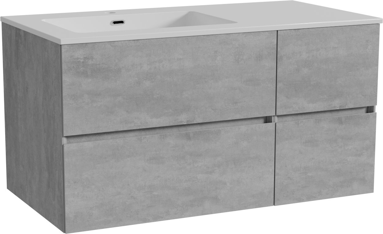 Storke Edge meuble salle de bains suspendu 100 x 52 cm béton gris foncé avec Diva vasque asymétrique gauche en marbre composite blanc brillant