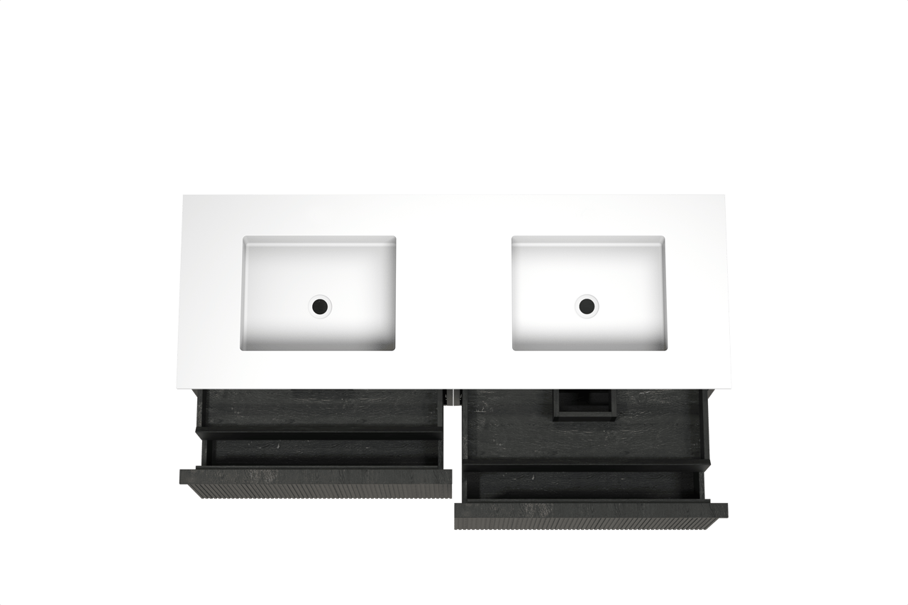 Balmani Forma hängendes Möbelstück Set: 150 x 55 cm, Schwarze Eiche, mit Tablo Stretto Doppelwaschtisch, Solid Surface, Weiß matt, Vertikale symmetrische gerade Rippe