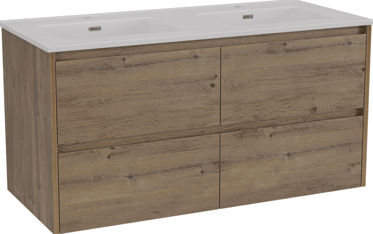 Storke Seda zwevend badmeubel 120 x 52 cm ruw eiken met Kera dubbele wastafel in porselein mat wit