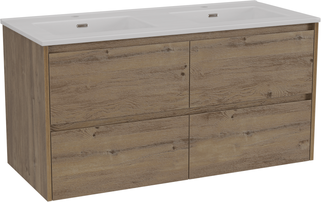 Storke Seda meuble salle de bains suspendu 120 x 52 cm chêne brut avec Kera double vasque en céramique blanc mat