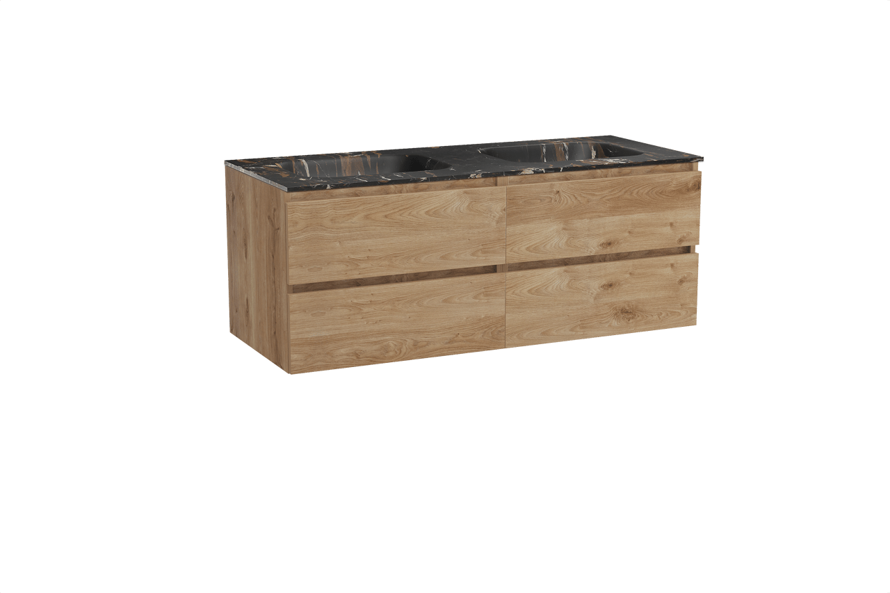 Balmani Lucida meuble salle de bains suspendu 135 x 55 cm chêne brut avec Tablo Arcato double vasque en marbre portoro gold