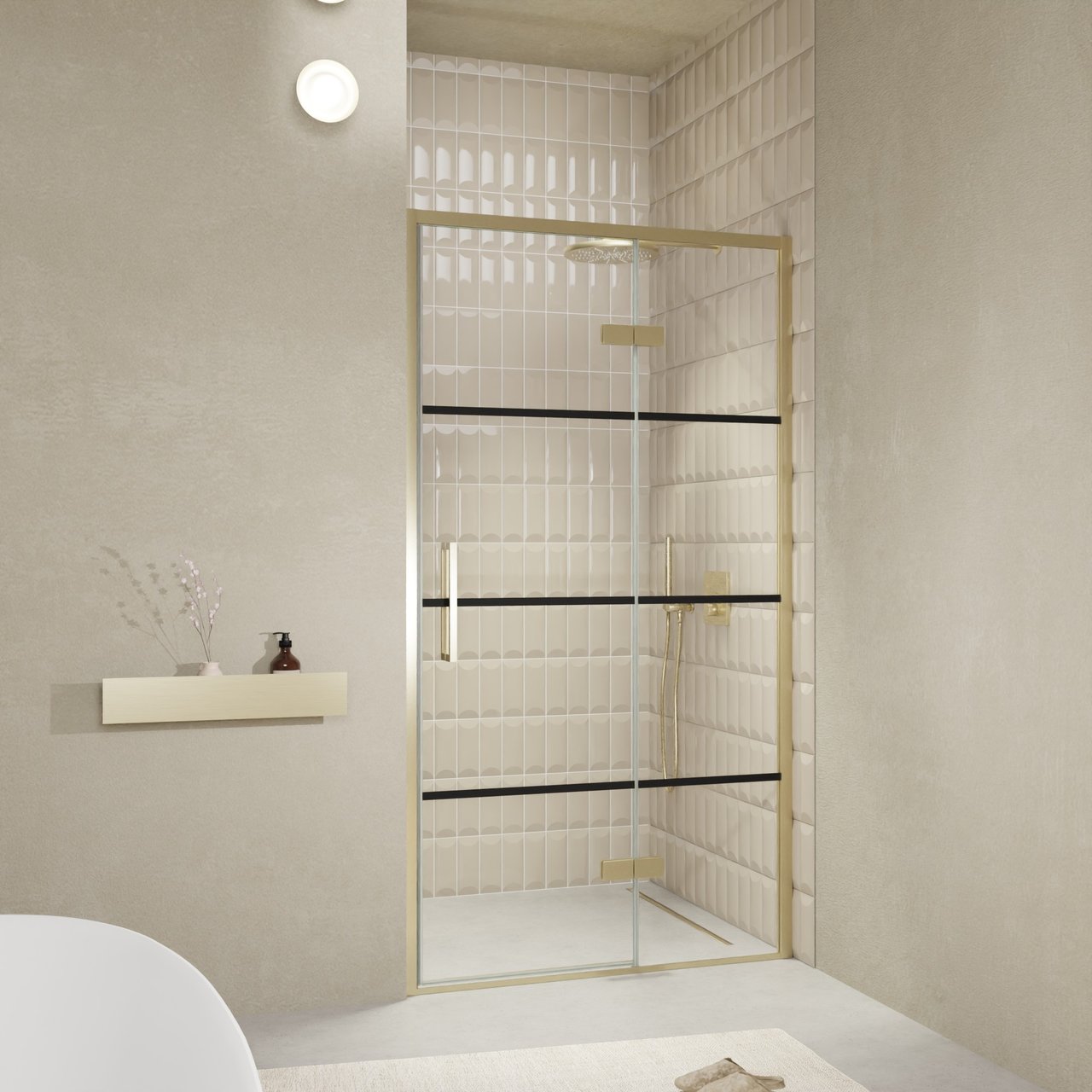 Balmani Senses Design porte pivotante à droite 120 cm x 210 cm verre Lined, Profil Brushed Champagne Gold