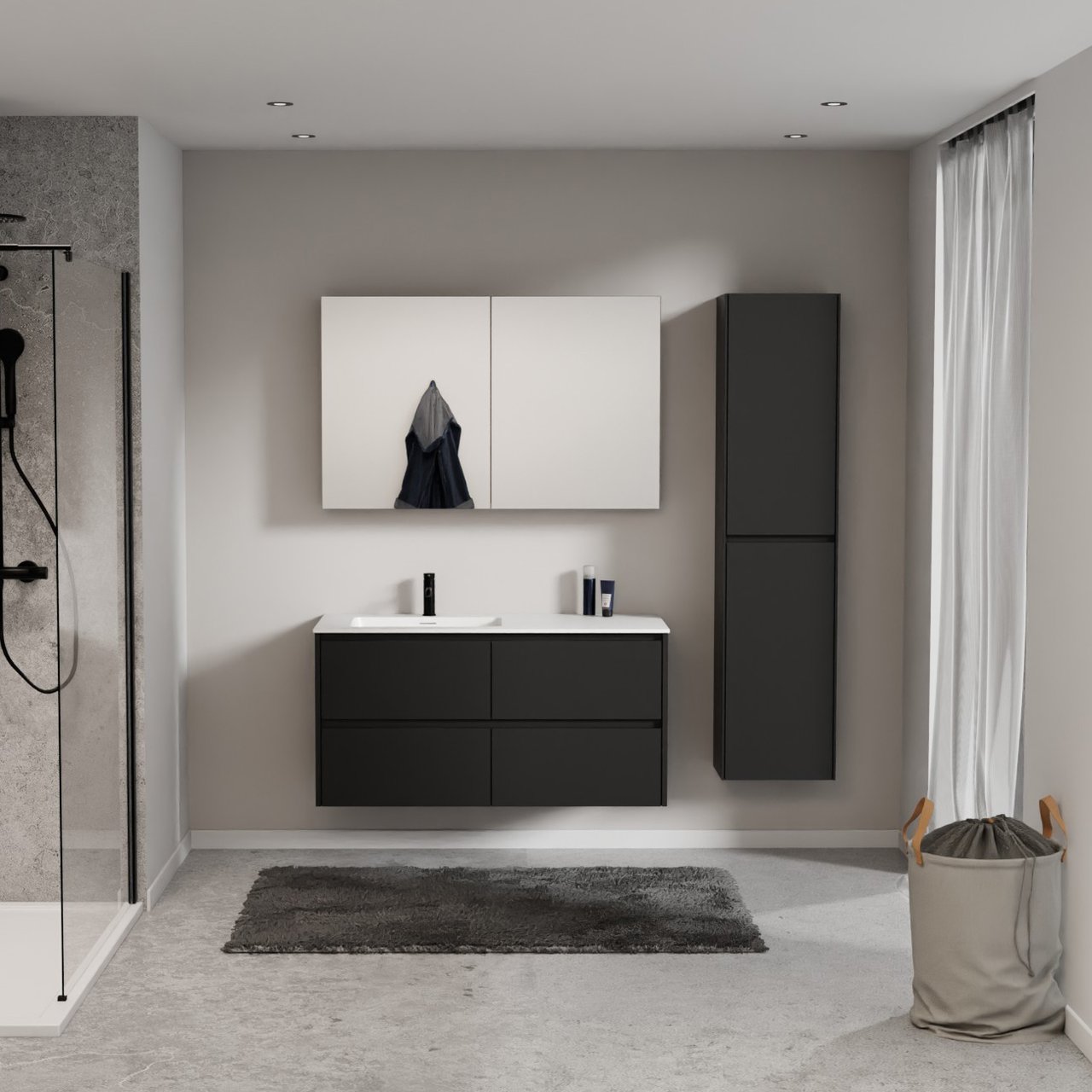 Storke Seda meuble salle de bains suspendu 120 x 52 cm noir mat avec Mata plan vasque asymétrique à gauche en solid surface blanc mat