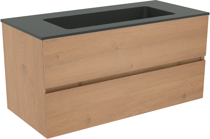 Storke Edge zwevend badkamermeubel 100 x 46 cm ruwe eik met Scuro enkele wastafel in kwarts mat zwart