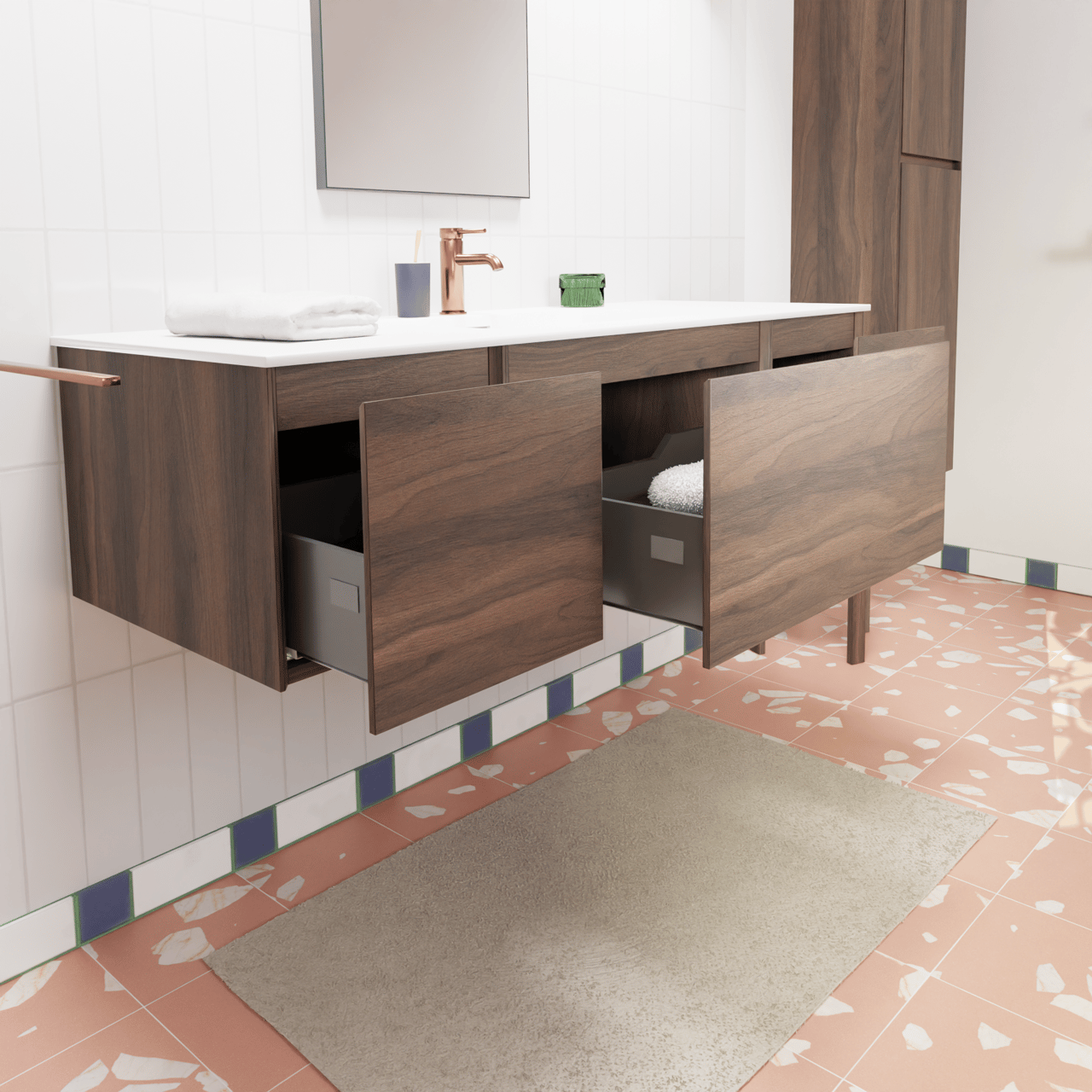 Storke Edge zwevend badmeubel 135 x 52 cm notenhout met Mata enkele wastafel in solid surface mat wit