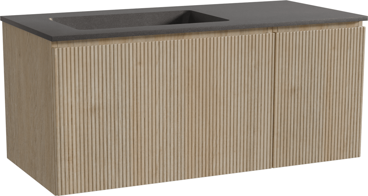 Storke Ribs zwevend badmeubel 110 x 52 cm ruw eiken met Scuro asymmetrisch linkse wastafel in kwarts mat zwart, Verticale symmetrische rechte ribbel