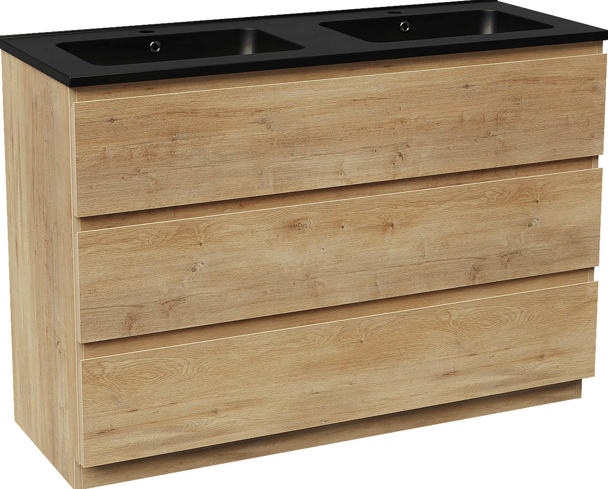 Linie Lado freistehendes Möbelstück Set: 120 x 46 cm, Naturbelassene Eiche, mit Vano Doppelwaschtisch, Marmorkomposit Schwarz matt