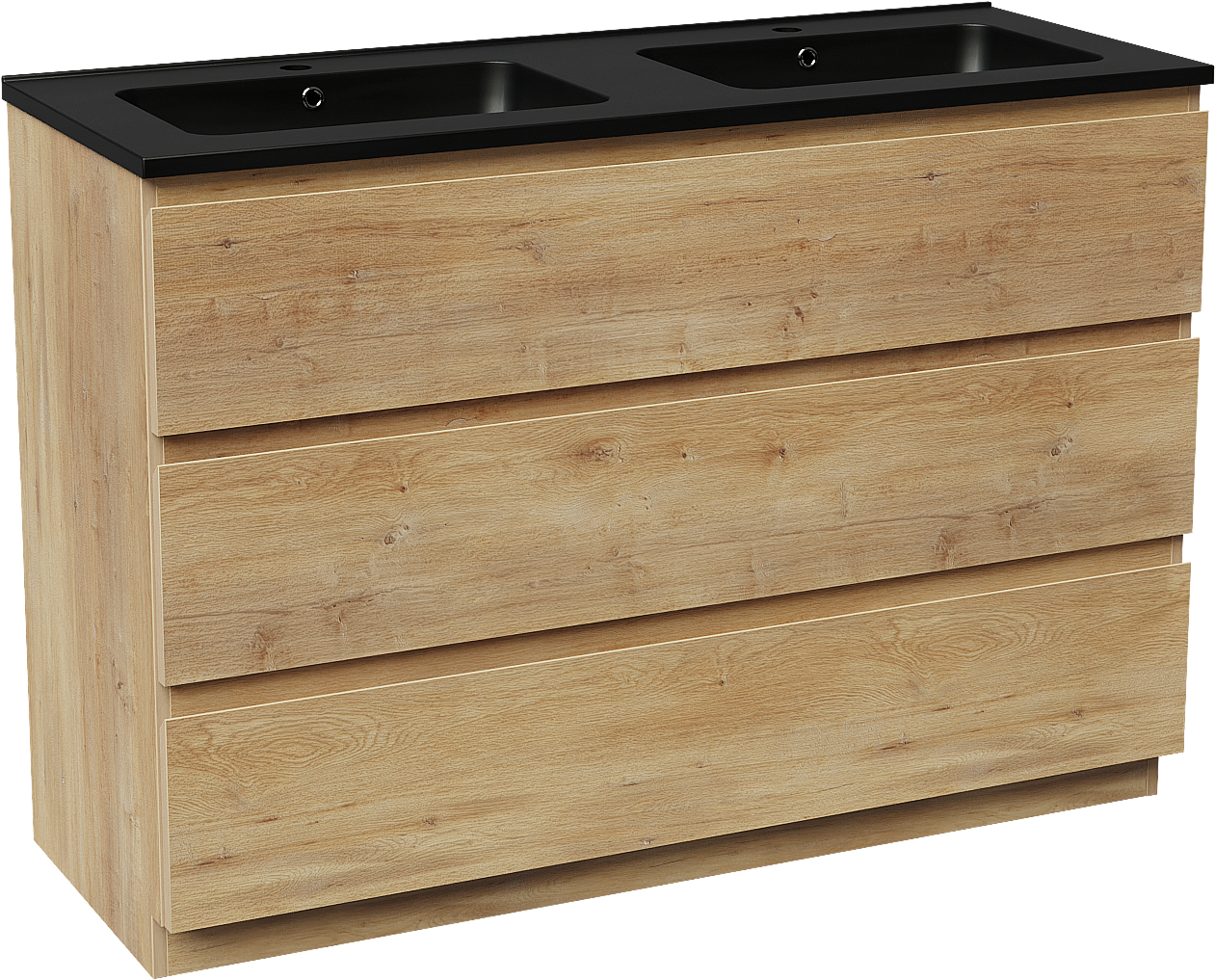 Linie Lado freistehendes Möbelstück Set: 120 x 46 cm, Naturbelassene Eiche, mit Vano Doppelwaschtisch, Marmorkomposit Schwarz matt