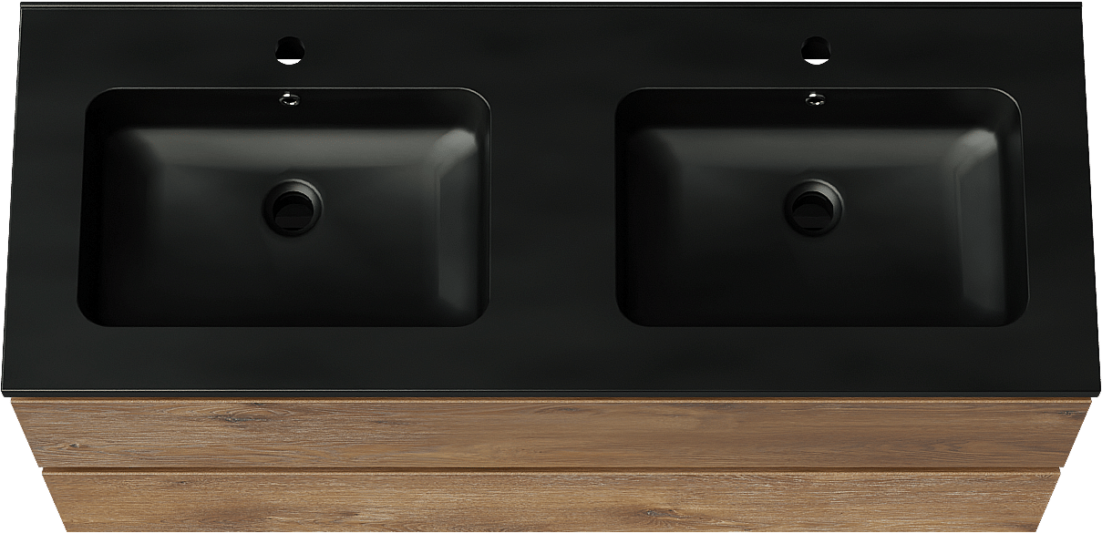 Linie Lado zwevend badmeubel 120 x 46 cm bruin eiken met Vano dubbele wastafel in composietmarmer mat zwart