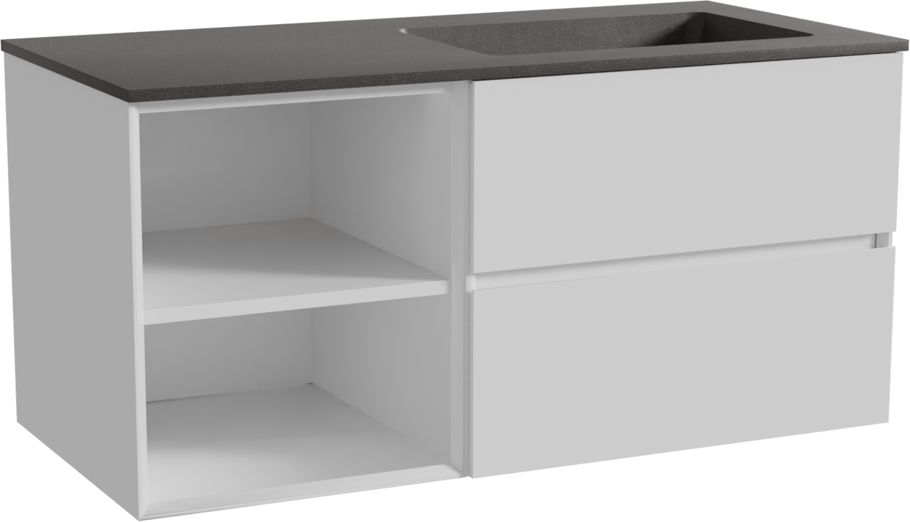 Storke Edge zwevend badmeubel 110 x 52 cm hoogglans wit met Scuro asymmetrisch rechtse wastafel in kwarts mat zwart