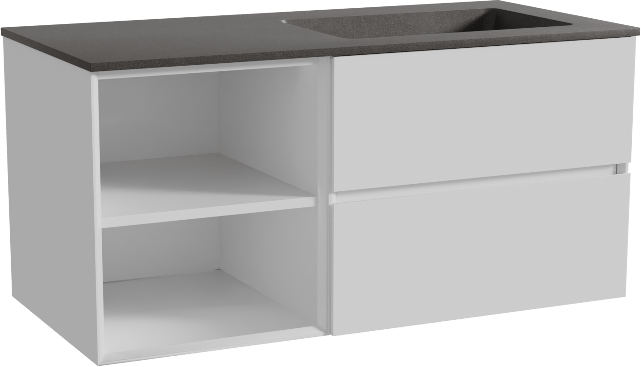 Storke Edge zwevend badmeubel 110 x 52 cm hoogglans wit met Scuro asymmetrisch rechtse wastafel in kwarts mat zwart