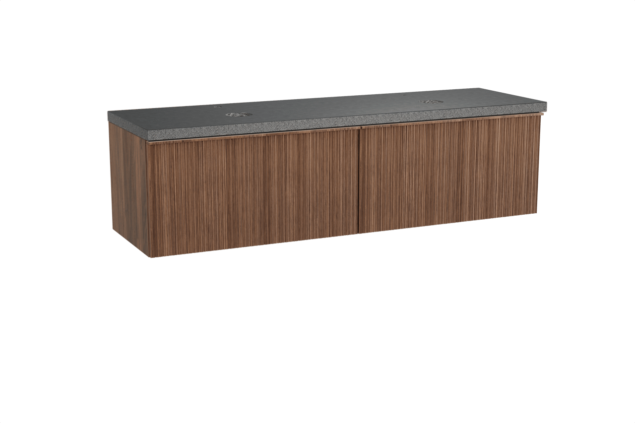 Balmani Forma meuble salle de bains suspendu 180 x 55 cm noyer américain avec Rock tablette double en granit noir, Nervure circulaire asymétrique verticale