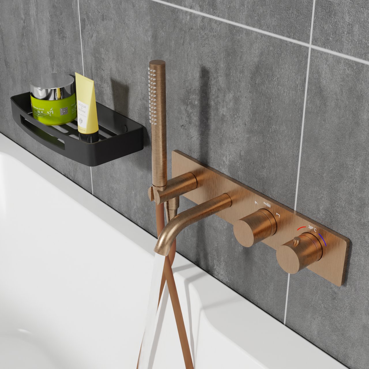 Blaufoss Round inbouw badkraan thermostatisch met handdouche Brushed Rosegold incl. inbouwelement