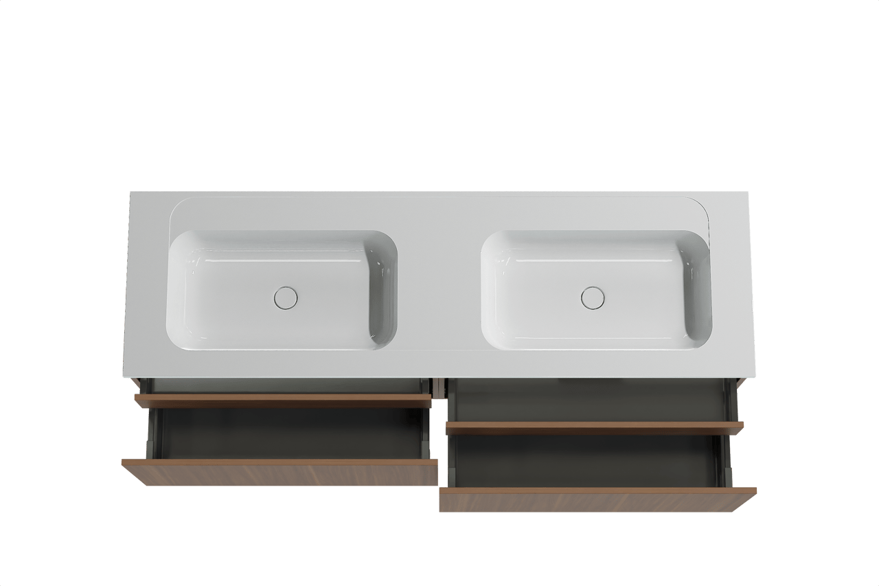 Balmani Sfera hängendes Möbelstück Set: 180 x 55 cm, Amerikanischer Nussbaum, mit Tablo Strada Doppelwaschtisch, Marmorkomposit Weiß glänzend