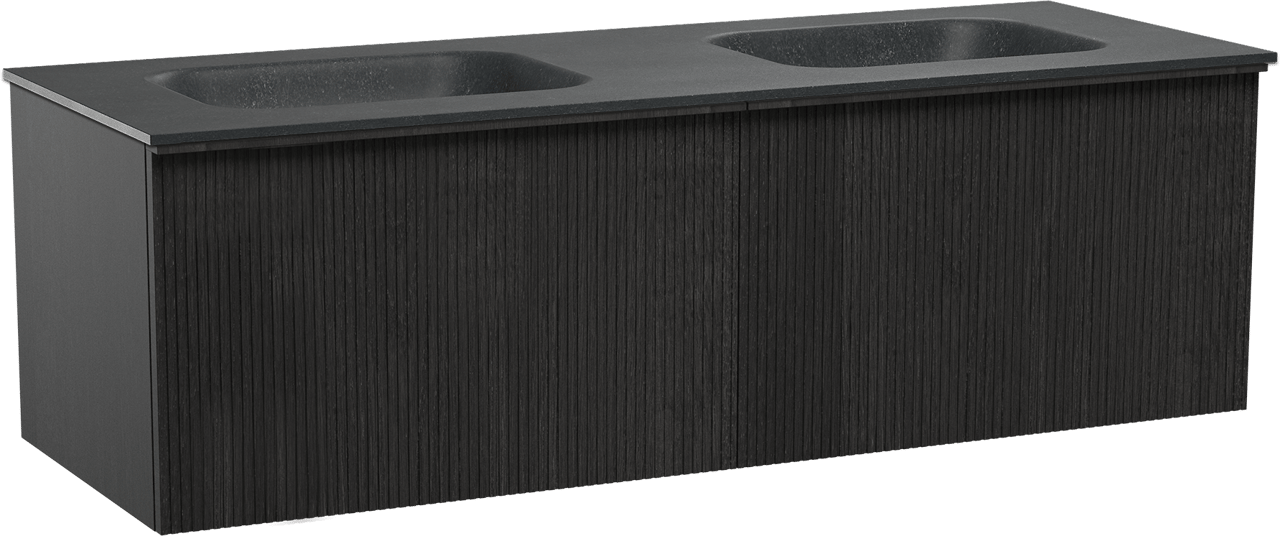 Balmani Forma meuble salle de bains suspendu 150 x 55 cm chêne noir avec Tablo Arcato double vasque en granit noir, Nervure droite symétrique verticale