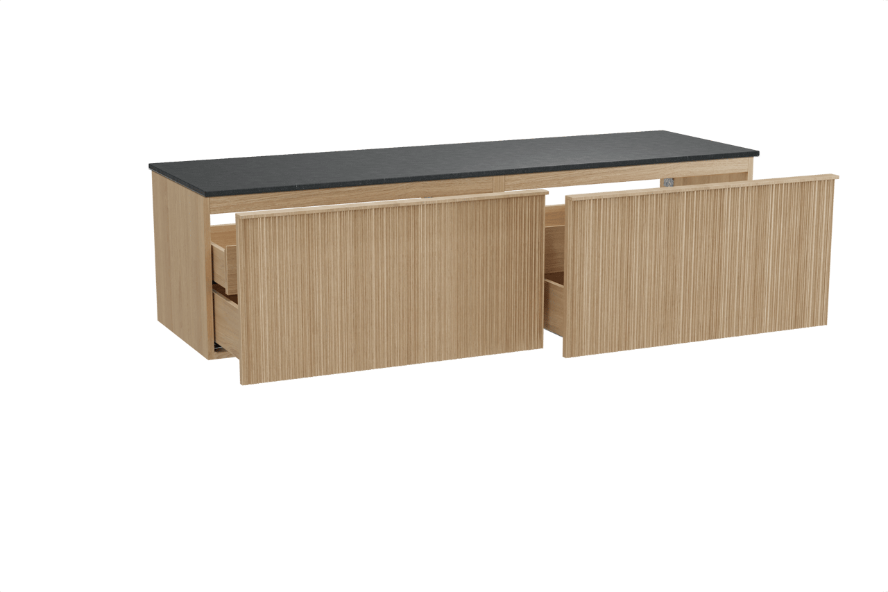 Balmani Forma hängendes Möbelstück Set: 180 x 55 cm, Naturbelassene Eiche, mit Stretto Einzel- oder Doppel Waschtischplatte, Granit, Schwarzes Granit, Vertikale asymmetrische Runde Rippe