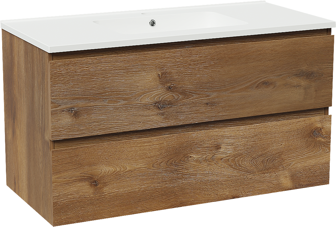 Linie Lado meuble salle de bains suspendu 100 x 46 cm chêne brun avec Vano plan simple en marbre composite blanc mat