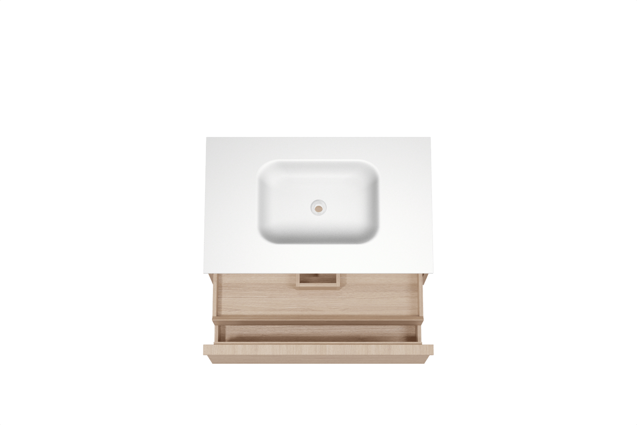 Balmani Forma zwevend badkamermeubel 90 x 55 cm natuur eik met Tablo Arcato enkele wastafel in solid surface mat wit, Horizontale symmetrische rechte ribbel