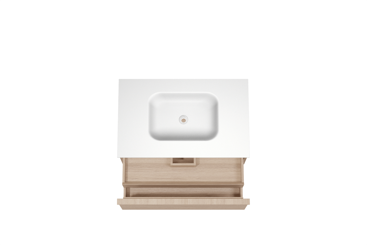 Balmani Forma meuble salle de bains suspendu 90 x 55 cm chêne naturel avec Tablo Arcato plan simple en solid surface blanc mat, Nervure droite symétrique horizontale