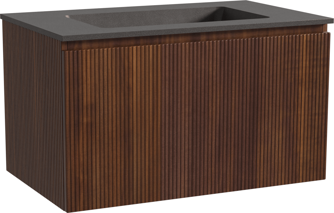 Storke Ribs zwevend badmeubel 85 x 52 cm notenhout met Scuro enkele wastafel in kwarts mat zwart, Verticale symmetrische rechte ribbel