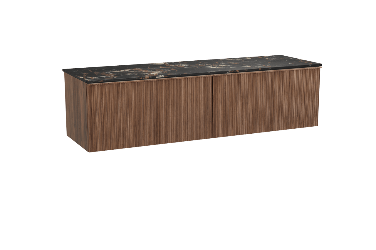 Balmani Forma meuble salle de bains suspendu 180 x 55 cm noyer américain avec Stretto tablette simple ou double en marbre portoro gold, Nervure circulaire asymétrique verticale