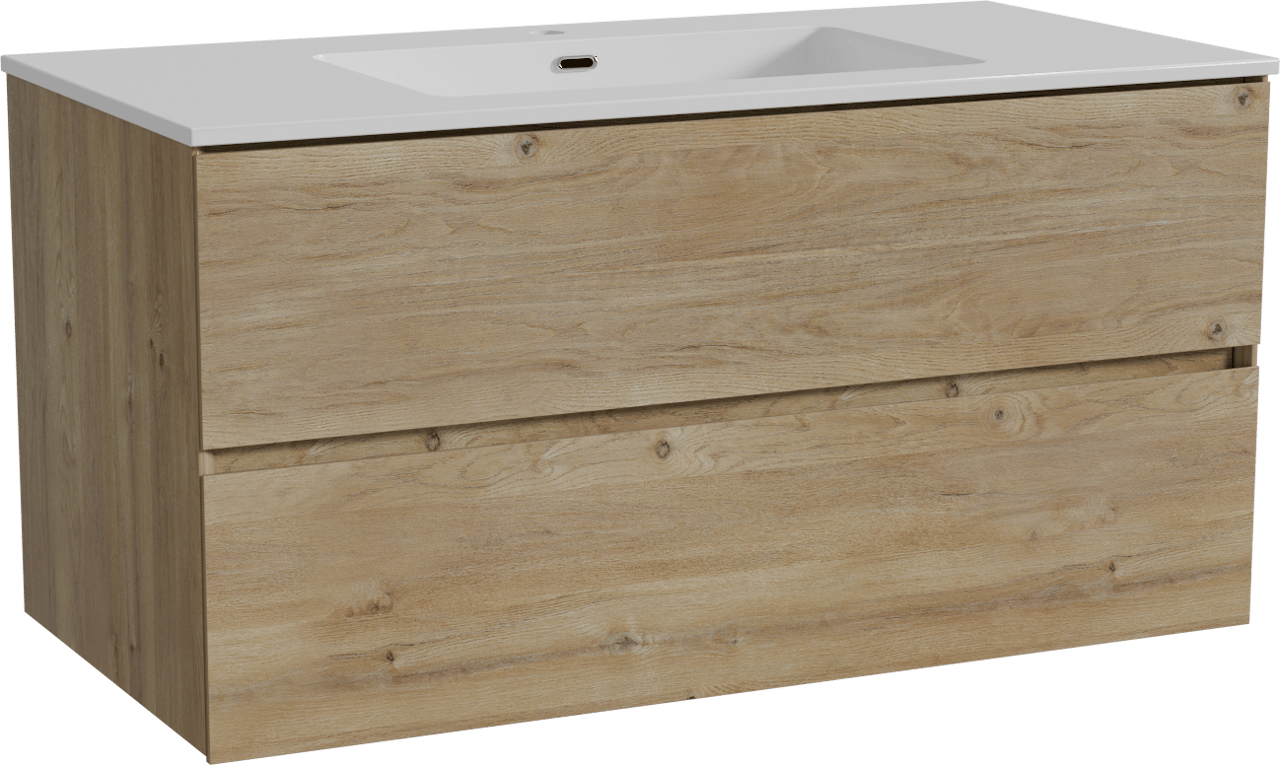 Storke Edge zwevend badmeubel 105 x 52 cm ruw eiken met Diva enkele wastafel in composietmarmer hoogglans wit