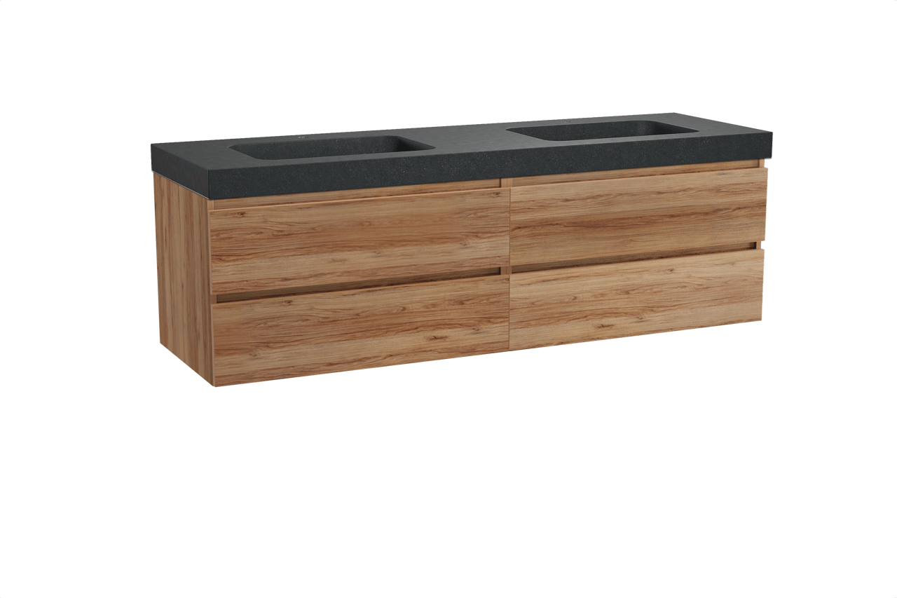 Balmani Lucida hängendes Möbelstück Set: 180 x 55 cm, Teak, mit Napoli Doppelwaschtisch, Schwarzes Granit