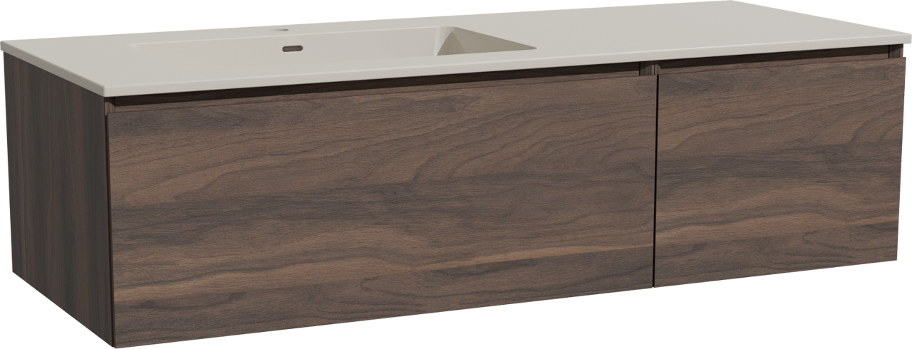 Storke Edge zwevend badmeubel 130 x 52 cm notenhout met Diva asymmetrisch linkse wastafel in top solid zijdegrijs