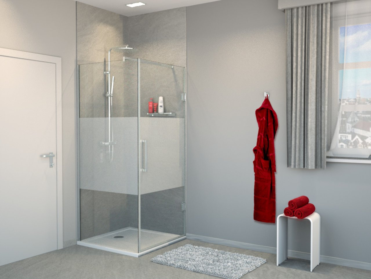 Balmani Modular douche à l'italienne avec porte droite 80 x 200 cm verre transparent avec bande mate profil chrome brillant