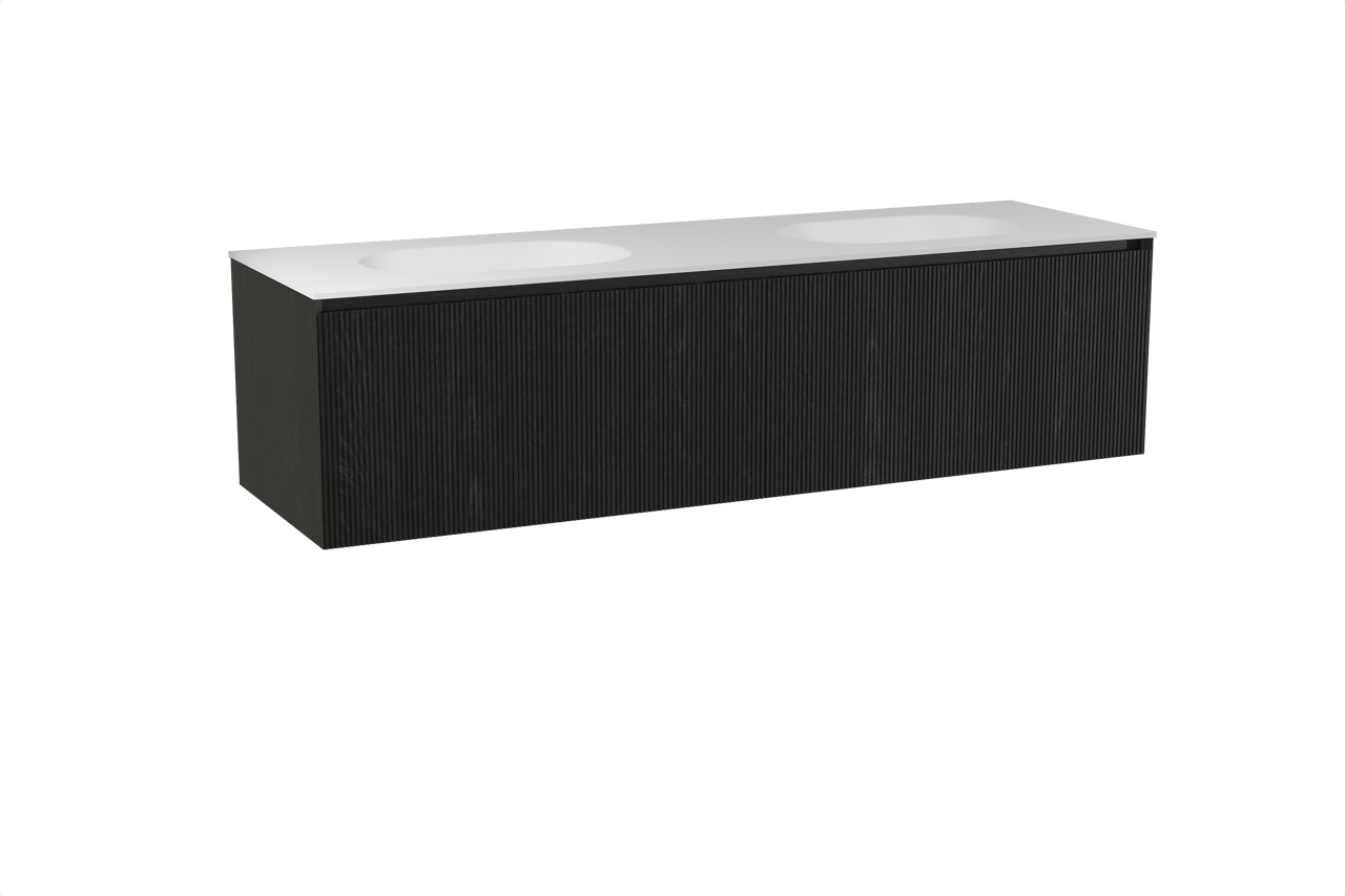 Balmani Fila hängendes Möbelstück Set: 180 x 55 cm, Schwarze Eiche, mit Tablo Oval Doppelwaschtisch, Solid Surface, Weiß matt, Vertikale symmetrische gerade Rippe