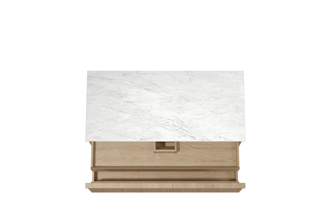 Balmani Forma zwevend badkamermeubel 120 x 55 cm natuur eik met Stretto enkel of dubbel tablet in marmer carrara, Verticale symmetrische rechte ribbel